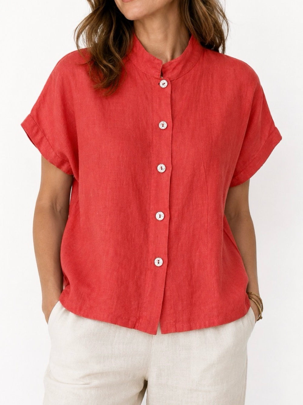 Bryn Walker Mandarin Collar, Linen  Button-Front Top